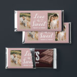 Love is Sweet Heart Script 2 Photo Pink Wedding Hershey Bar Favors<br><div class="desc">Simple and elegant custom wedding Hershey Chocolate bar favors feature a modern heart calligraphy script "Love is Sweet" design, as well as 2 photos of the bride and groom couple. Design includes a custom thank you message that can be personalized on the back. Note, the dusty rose pink and white...</div>