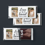 Love is Sweet Heart Script Black Photo Hershey Bar Favors<br><div class="desc">A bold and clean wedding favor wrapper featuring "Love is Sweet, Enjoy a Treat" in striking black calligraphy script with heart accents alongside a personal photo. Crisp black text on a white background delivers a classic, high-contrast look with modern appeal. Personalize with your own image, names, and wedding date for...</div>