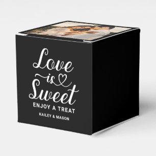 Love is Sweet Heart Script Black Photo Wedding Favor Boxes