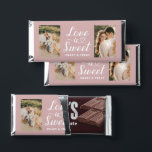 Love is Sweet Heart Script Pink Photo Hershey Bar Favors<br><div class="desc">A romantic wedding favor wrapper showcasing "Love is Sweet, Enjoy a Treat" in elegant calligraphy script with heart flourishes paired with a personal photo. Soft rose pink tones bring a warm, feminine glow to this charming design. Customize with your own image, names, and date for a personalized chocolate bar favor...</div>