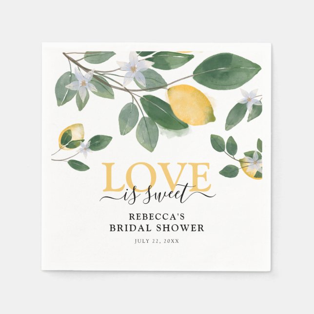 'Love is Sweet' Lemon & Greenery Bridal Shower Napkins (Front)