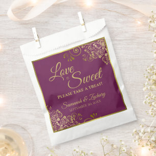 Love is Sweet Magenta Plum & Gold Lace Wedding Favor Bag