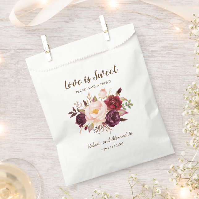 Love is Sweet Marsala Flowers Wedding Treat Favor Bag (Clipped)