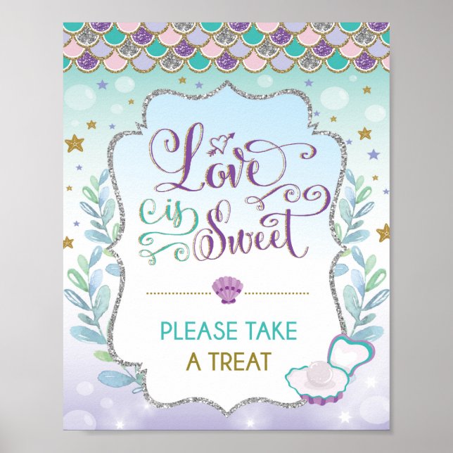 Love is Sweet Mermaid Bridal Shower Favors Sign (Front)