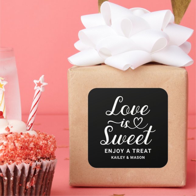 Love is Sweet Modern Heart Script Black Wedding Square Sticker (Party)
