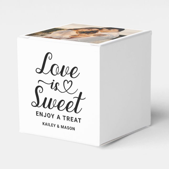Love is Sweet Modern Heart Script Wedding Photo Favor Boxes (Front Side)