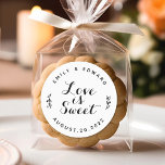 Love is Sweet Modern Rustic Wedding Favor Classic Round Sticker<br><div class="desc">Custom-designed modern rustic wedding favor stickers and labels featuring "Love is Sweet" black and white design.</div>