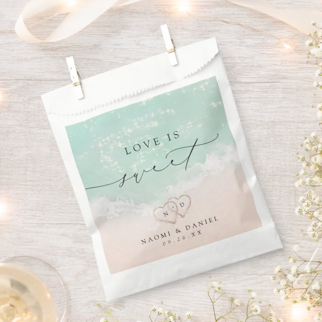 Love is Sweet Modern Script Beach Sand Hearts  Favor Bag (Clipped)