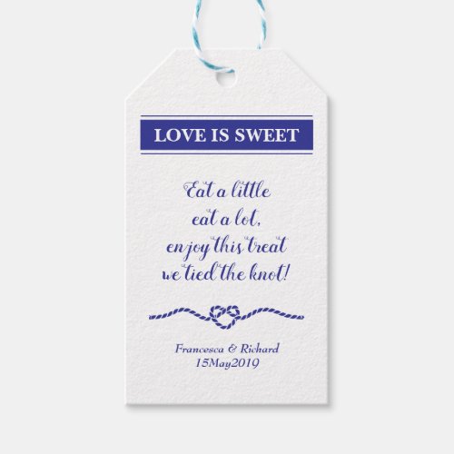 Love Is Sweet Navy Blue Rope Heart Wedding Gift Tags