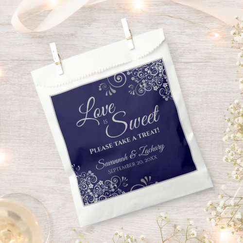 Love is Sweet Navy Blue  Silver Lace Wedding Favor Bag