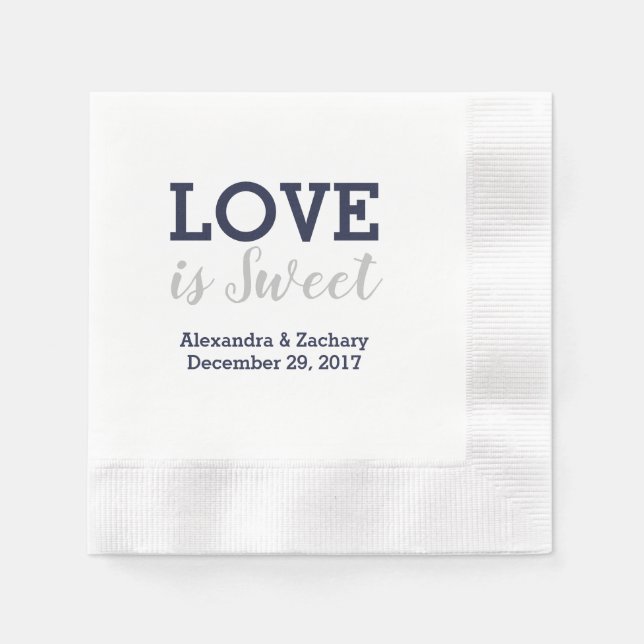 Love Is Sweet Navy Blue Silver Wedding Engagement Napkins (Front)