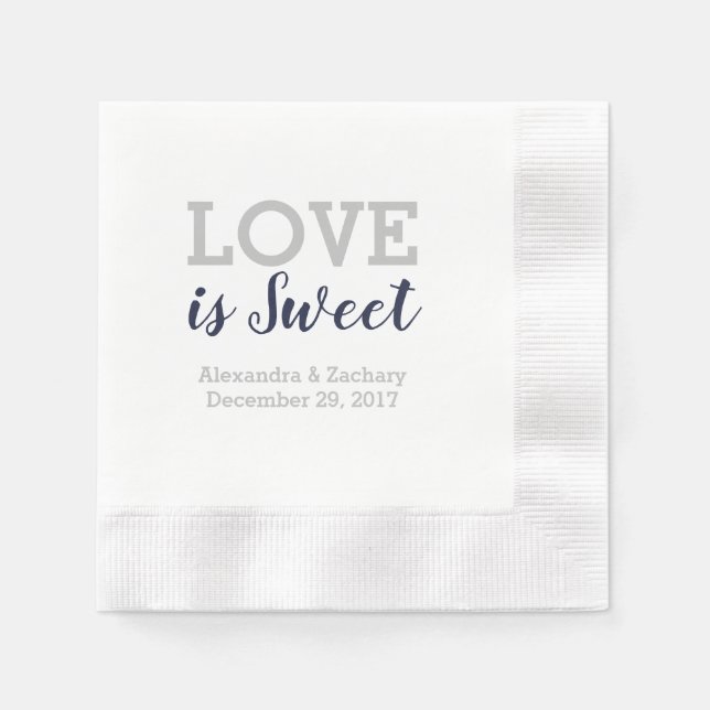Love Is Sweet Navy Blue Silver Wedding Engagement Napkins (Front)