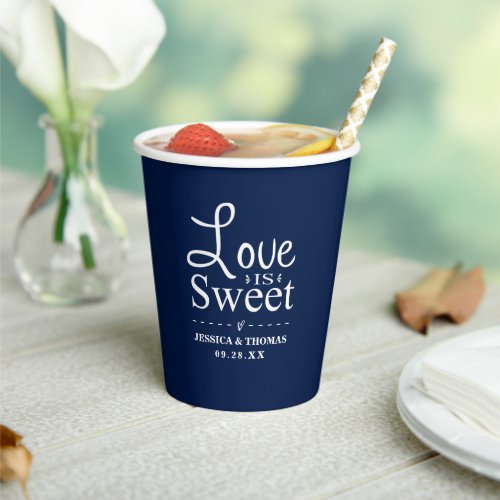 Love Is Sweet Navy Blue  White Wedding Paper Cups