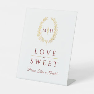 Love is sweet oval wreath gold red wedding treat pedestal sign