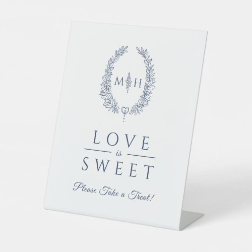 Love is sweet oval wreath white navy wedding treat pedestal sign