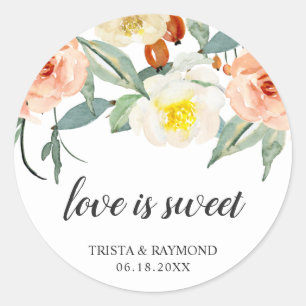 Love Is Sweet Peach Floral Wedding Favor Classic Round Sticker