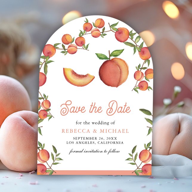Love is Sweet Peach Fruit Arch Photo Wedding Save The Date (Front)