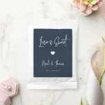 Love Is Sweet Personalized Wedding Favor Hot Chocolate Drink Mix<br><div class="desc">A perfect party favor for your rehearsal dinner,  engagement party,  or wedding,  drink mix packets feature white handwritten lettering on a navy blue background with a small heart illustration in the center. "Love Is Sweet" appears at the top,  with your event name and date beneath.</div>