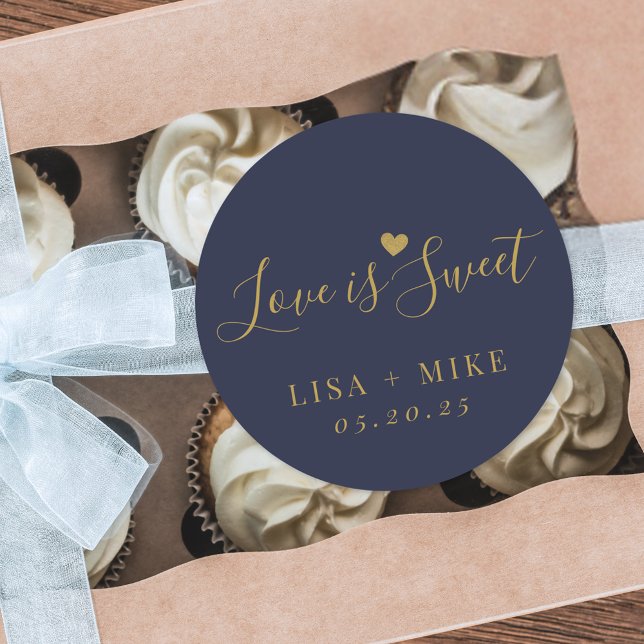 Love is Sweet Personalized Wedding Favor Navy Blue Classic Round Sticker (Creator Uploaded)