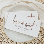 Love Is Sweet Personalized Wedding Hershey Bar Favors<br><div class="desc">Share a sweet treat with your guests with these personalized wedding favor chocolate bars. Design features "love is sweet" in modern handwritten script lettering,  with your names and wedding date beneath. Colorway: Rust,  an earth tone terracotta brown.</div>