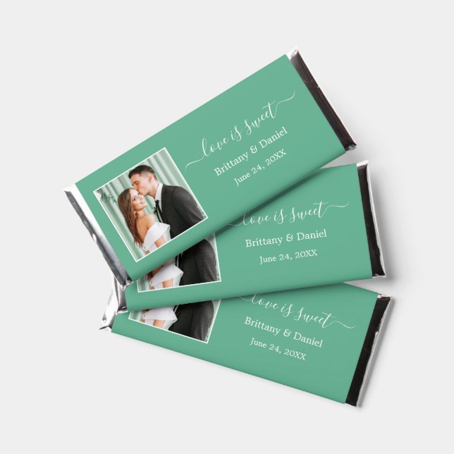 Love is Sweet Photo Neo Mint Green Wedding Hershey Bar Favors (Front)