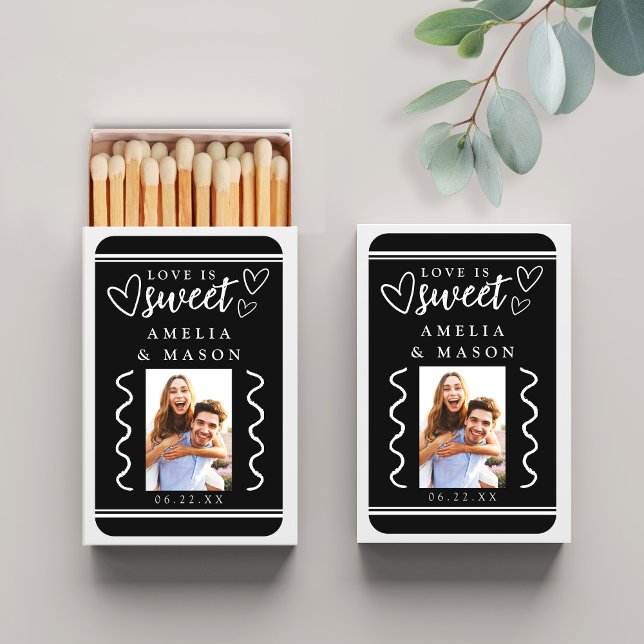 Love is Sweet Photo Wedding Favor Black Matchboxes (Love is Sweet Photo Wedding Favor Black Matchboxes with White Box)