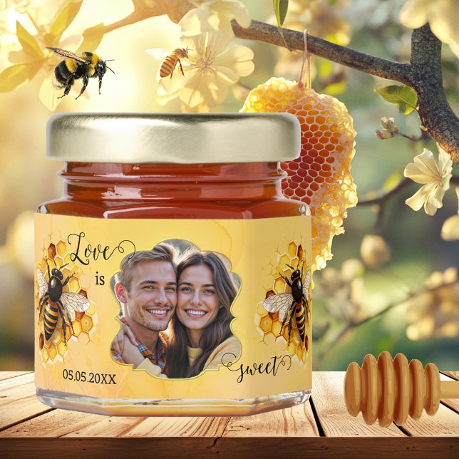 Love is Sweet Photo Wedding Honey Jar Favors (Honey jar wedding favor featuring your custom photo framed by a golden lining and two cute bees)