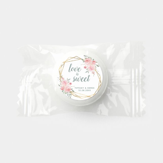 Love is Sweet Pink Floral Gold Frame Wedding Life Saver® Mints (Front)