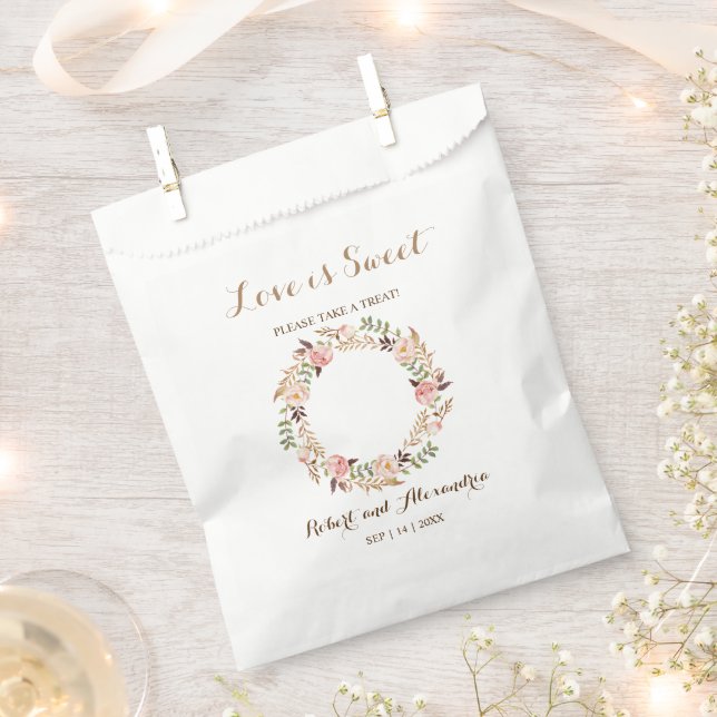 Love is Sweet Pink Floral Wedding Treat Favor Bags (Clipped)