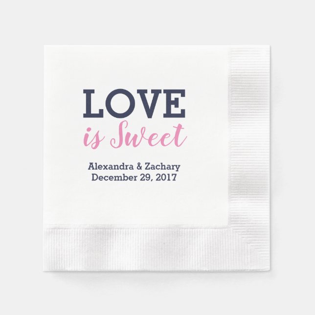 Love Is Sweet Pink Navy Blue Wedding Engagement Napkins (Front)