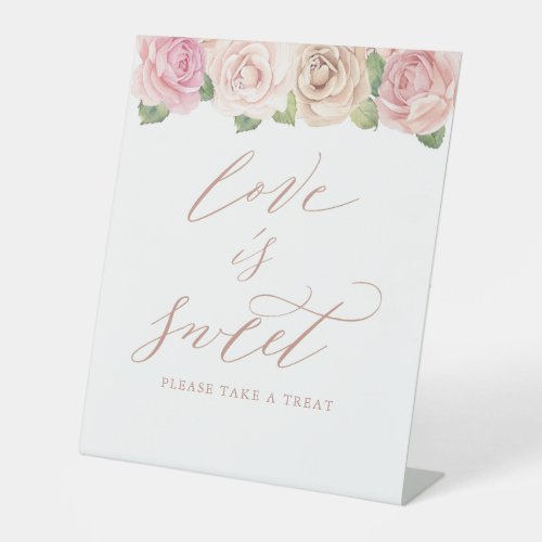 Love is Sweet Pink Rose Floral Wedding Pedestal Sign