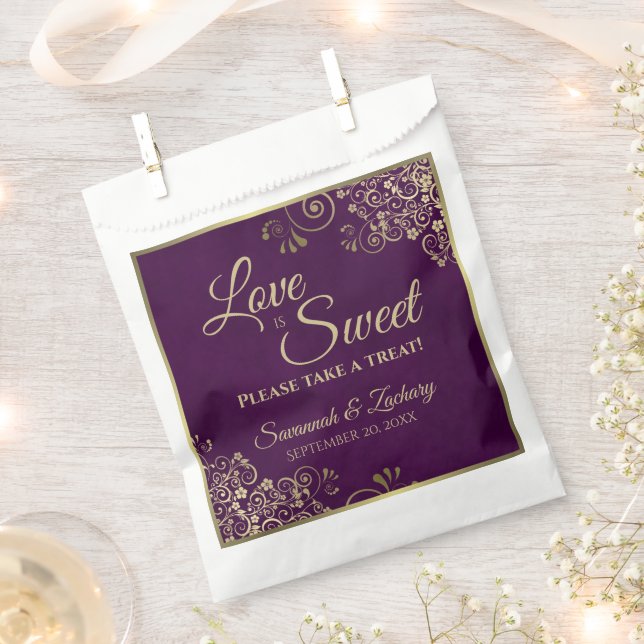 Love is Sweet Plum Purple & Gold Lace Wedding Favor Bag (Clipped)