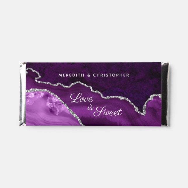 Love is Sweet Purple Agate Silver Glitter Wedding Hershey Bar Favors (Front)