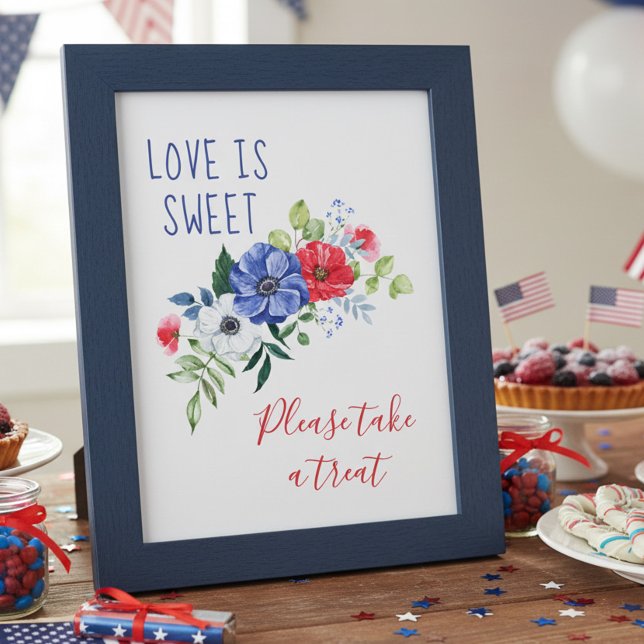 Love is Sweet Red White and Blue Floral Table Sign (Red White & Blue Floral Wedding Shower Treat Table Sign by Darling & May. Printed or Digital.)
