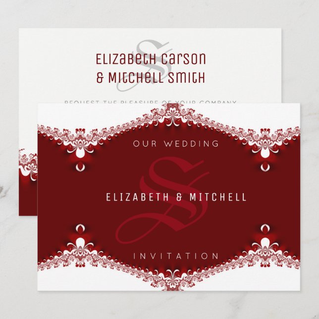 Love is Sweet Red+White Lace Monogram Wedding Invitation (Front/Back)