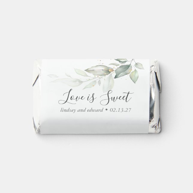Love is Sweet Romantic Sage Greenery Wedding Hershey's Miniatures (Front)