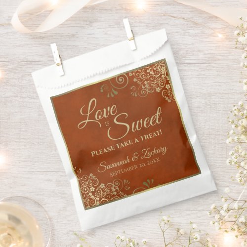 Love is Sweet Rust Orange  Gold Lace Wedding Favor Bag