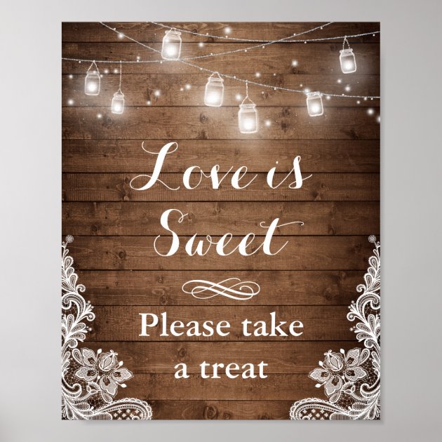 Love Is Sweet | Rustic Wood String Lights Lace Poster