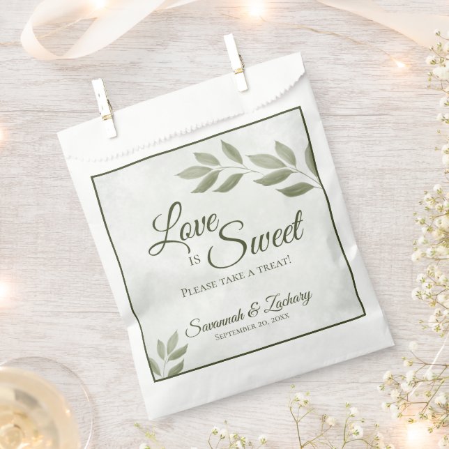 Love is Sweet Sage Green Leaves Wedding Favor Bag (Clipped)