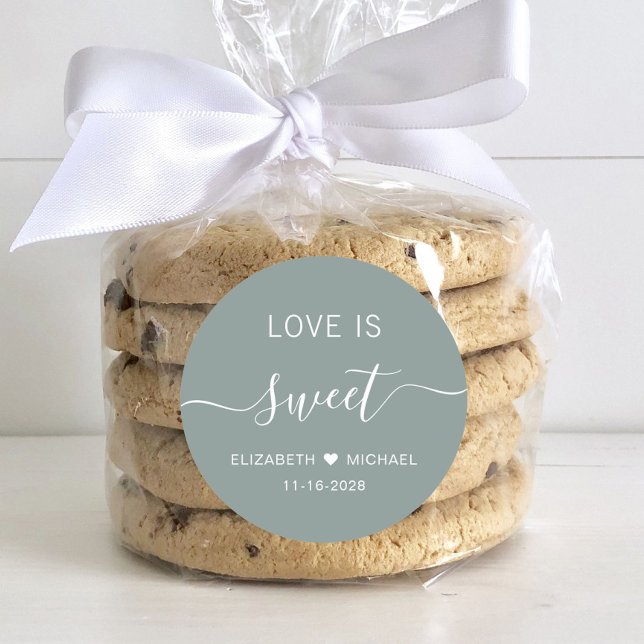 Love Is Sweet Sage Green Wedding Favor Classic Round Sticker (Creator Uploaded)