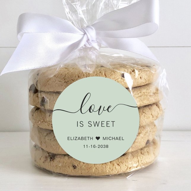 Love Is Sweet Sage Green Wedding Favor Classic Round Sticker (Creator Uploaded)