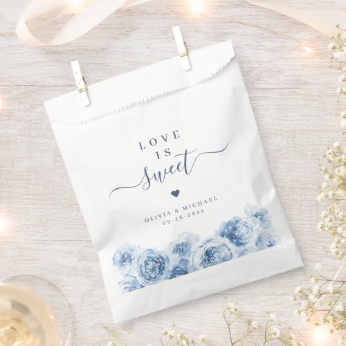 Love is sweet script blue floral wedding favor bag