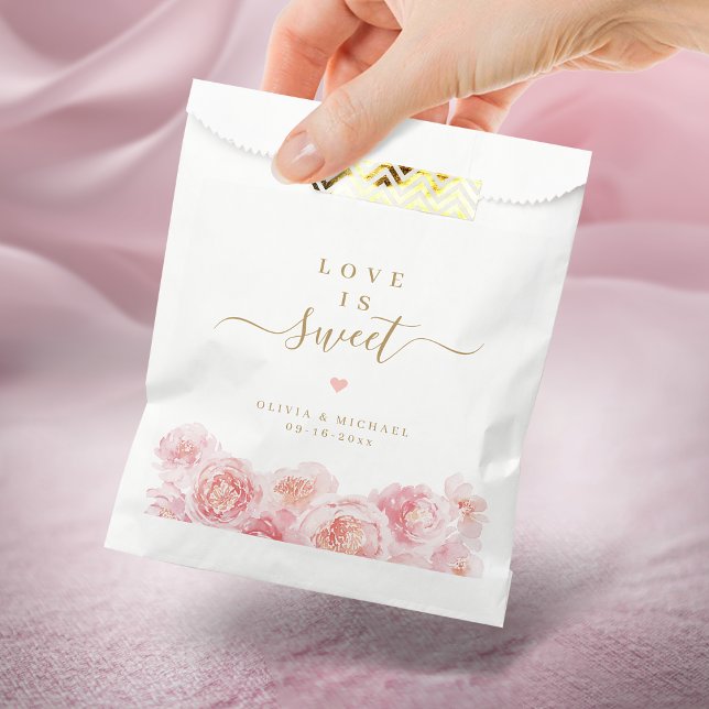 Love is sweet script gold & blush floral wedding favor bag (Love is sweet script gold & blush floral wedding favor bag)