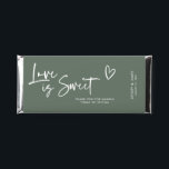 Love is Sweet Script Heart Hershey Bar Favors<br><div class="desc">With personalized chocolate bars you can say thank you in a Sweet and Memorable Way! This minimalist chocolate bar wrapper features a cute script font with text "love is sweet". Don't forget to change the date on the barcode on the back of the wrapper! Ingredient on the back of the...</div>