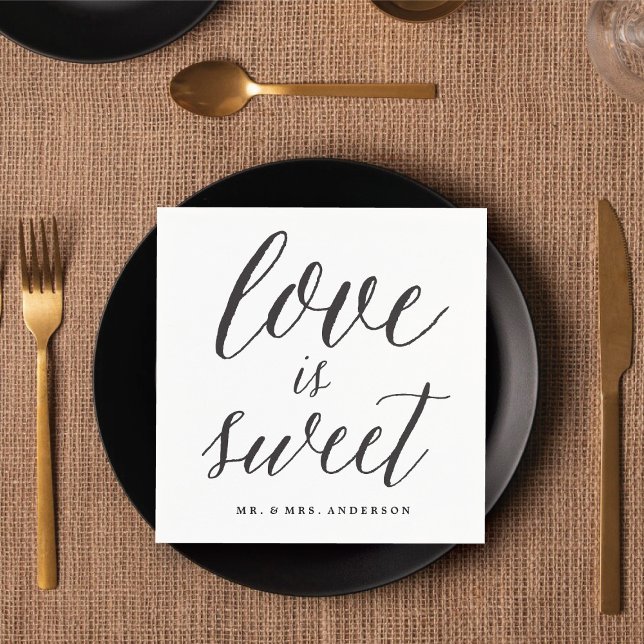 Love Is Sweet Script Modern Calligraphy Wedding Paper Napkins (LOVE IS SWEET Script Modern Calligraphy Wedding Paper Napkins @ fatfatin_blue_knot)