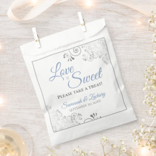 Love is Sweet Silver Lace Blue Gray Script Wedding Favor Bag