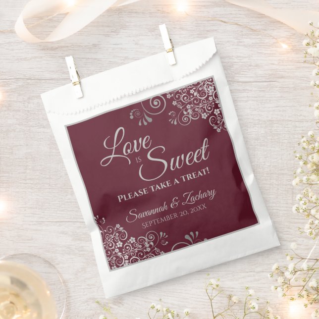 Love is Sweet Silver Lace Elegant Burgundy Wedding Favor Bag (Clipped)