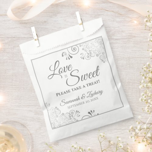 Love is Sweet Silver Lace  Gray Script Wedding Favor Bag