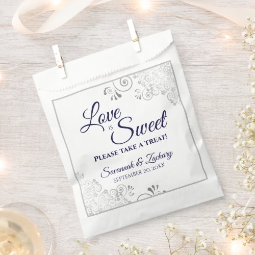 Love is Sweet Silver Lace  Navy Script Wedding Favor Bag
