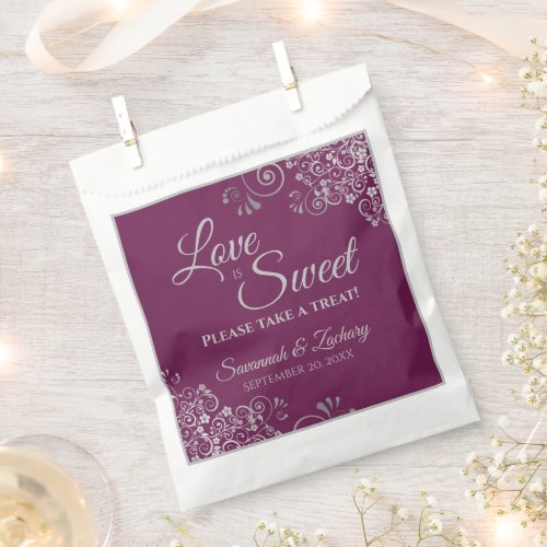 Love is Sweet Silver Lace on Cassis Purple Wedding Favor Bag